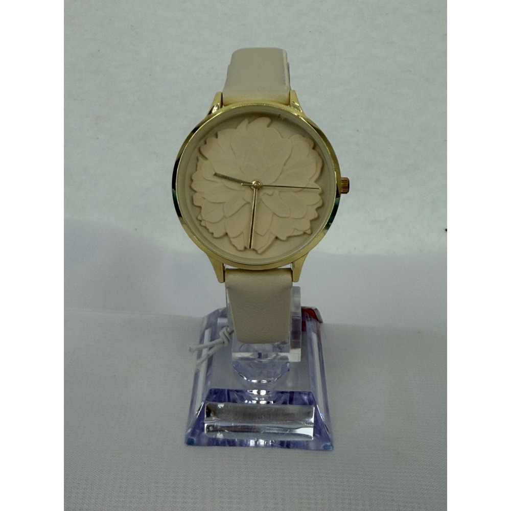 Floral Dial Gold Tone Watch Cream Vegan Leather Strap 78-3093GB PC21AF